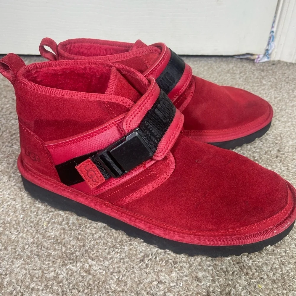 UGG Vibrant Red Suede Boots with Black Strap